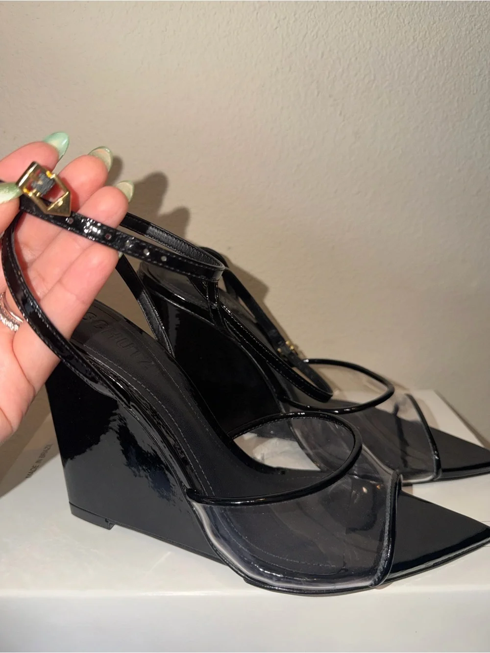 SCHUTZ ❤️‍🔥 “Elodie” Patent Wedge Slingback Peep-Toe Heels
